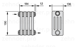 Схема (чертеж) Радиатор Zehnder Charleston 4019/4 №1670 Белый глянцевый RAL 9016